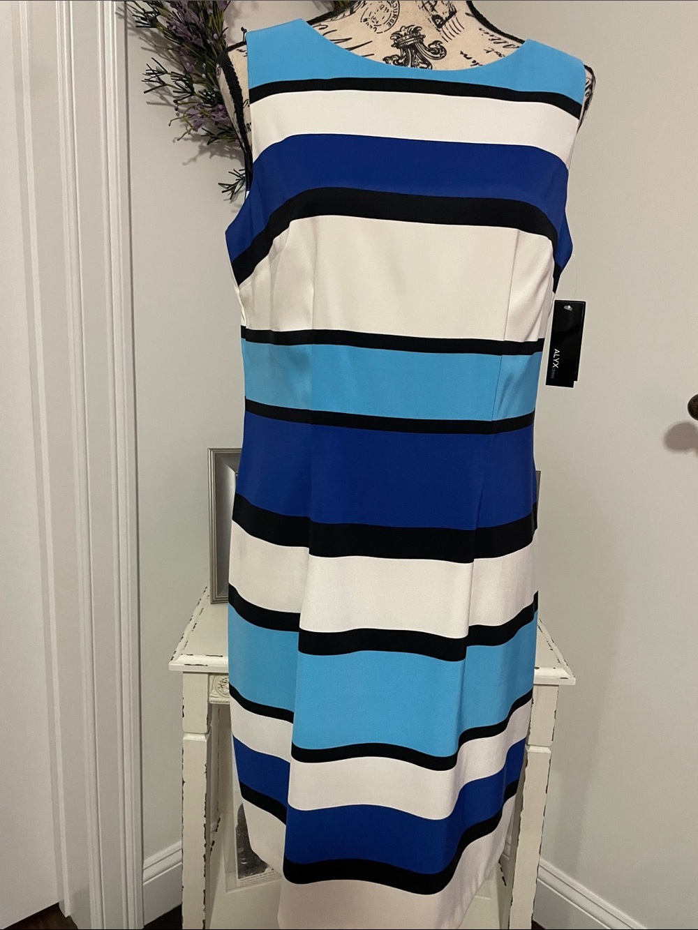 Alyx Sleeveless Bold Blue, Light Blue, White & Black Striped Sheath Dress